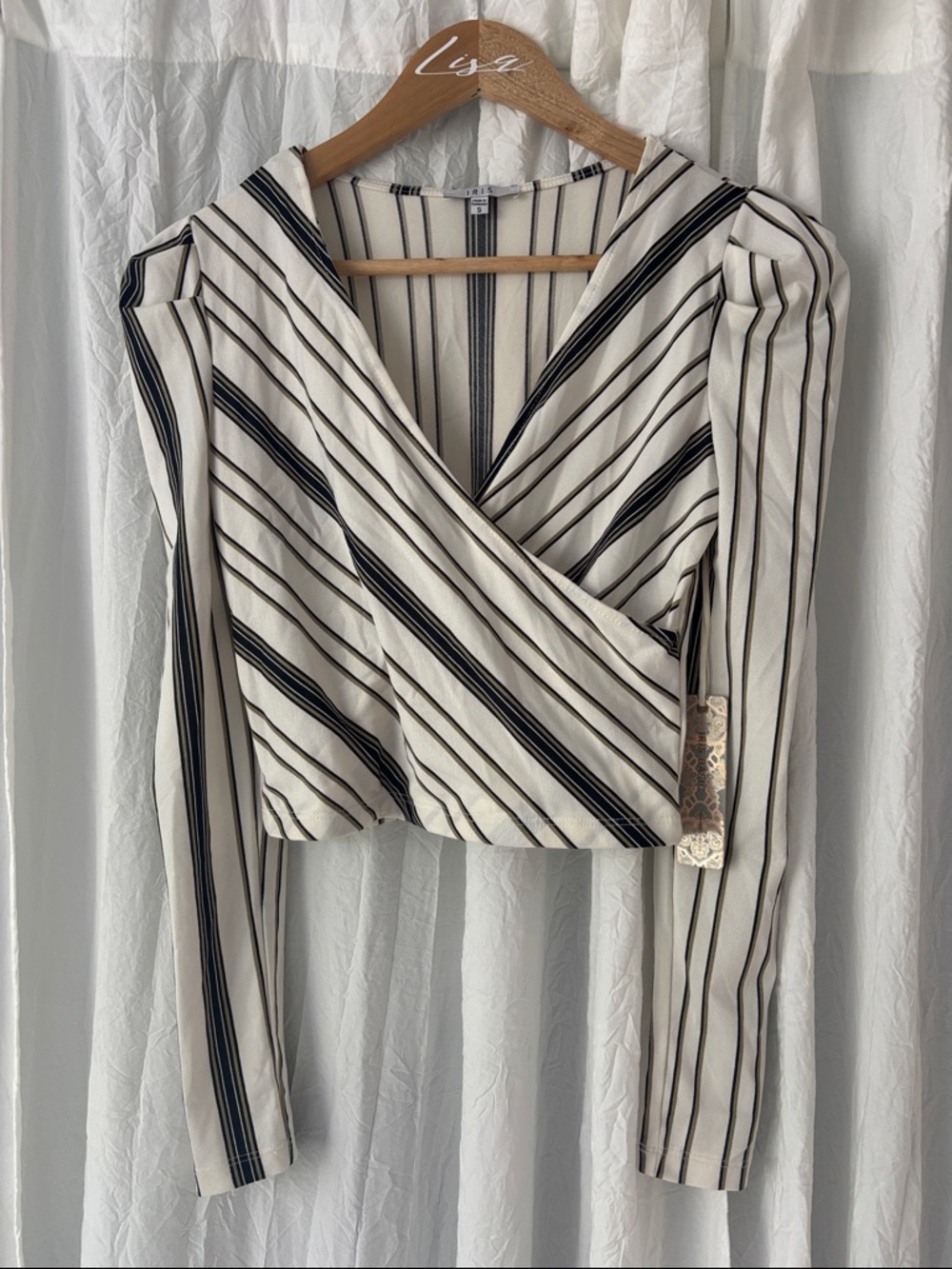 Iris Basic Black and Ivory Diagonal Stripe Wrap Blouse
